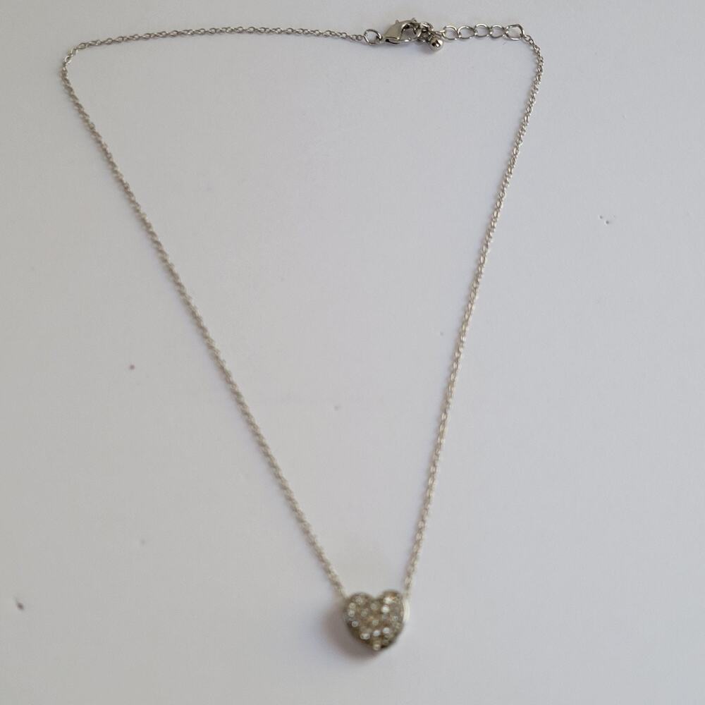 Silver Tone Rhinestone Heart Necklace Pendant Chain Lobster Clasp 18 In Gift